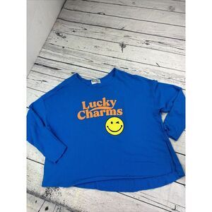 Bucketlist SweatshirtBlue Lucky Charms Smiley Face Oversized Raw Hem XL USA Made